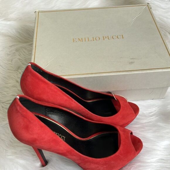 Emilio Pucci suede Open Toe Heels size 38 red coral color - Picture 6 of 8